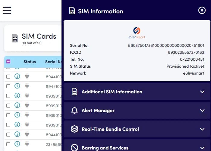 Online portal showing various functions and data relating to a specific SIM card.