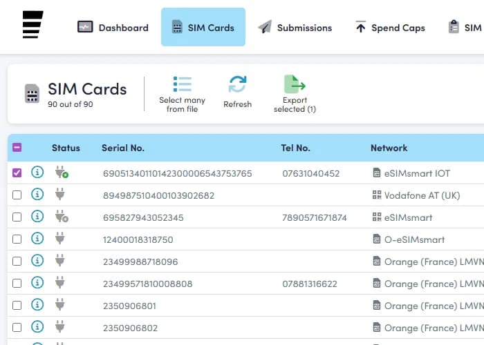 Online portal showing a table of SIM cards and their details.