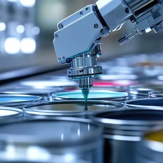 A robotic arm dispensing colour into open tins on a paint-mixing line.