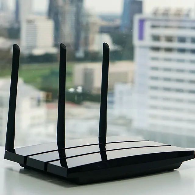 A wifi router with a city view