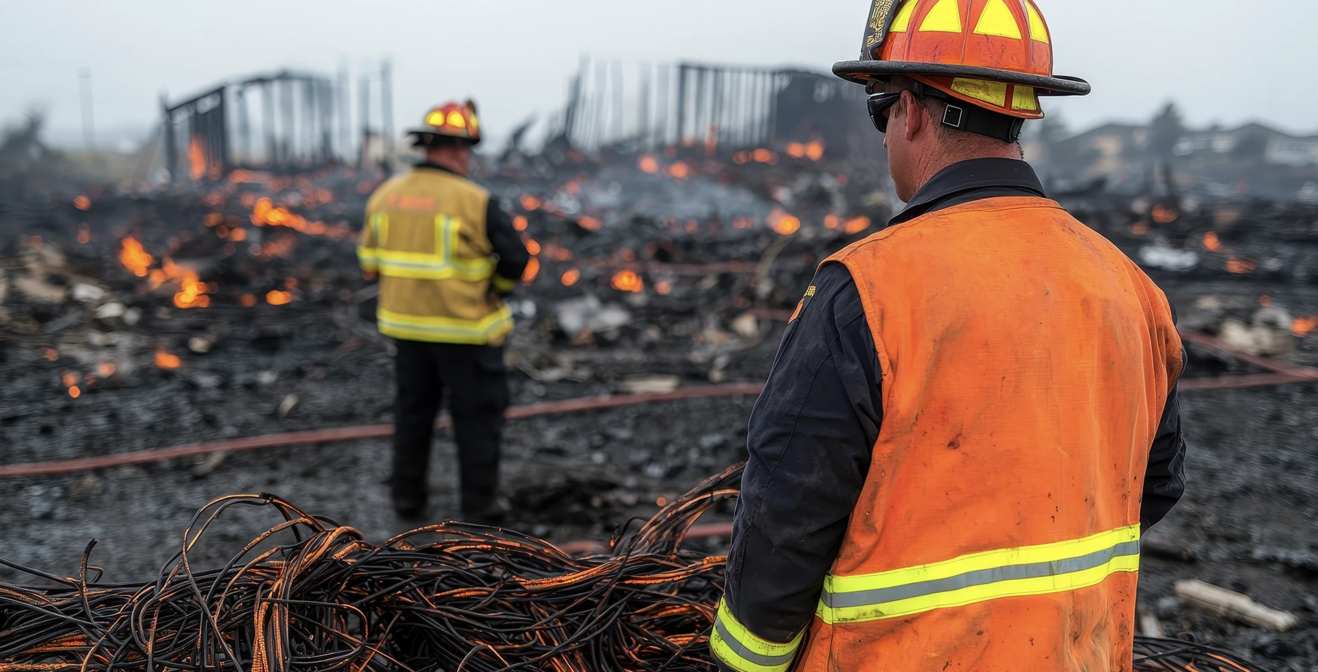 Firefighters assessing the aftermath of a devastating fire
