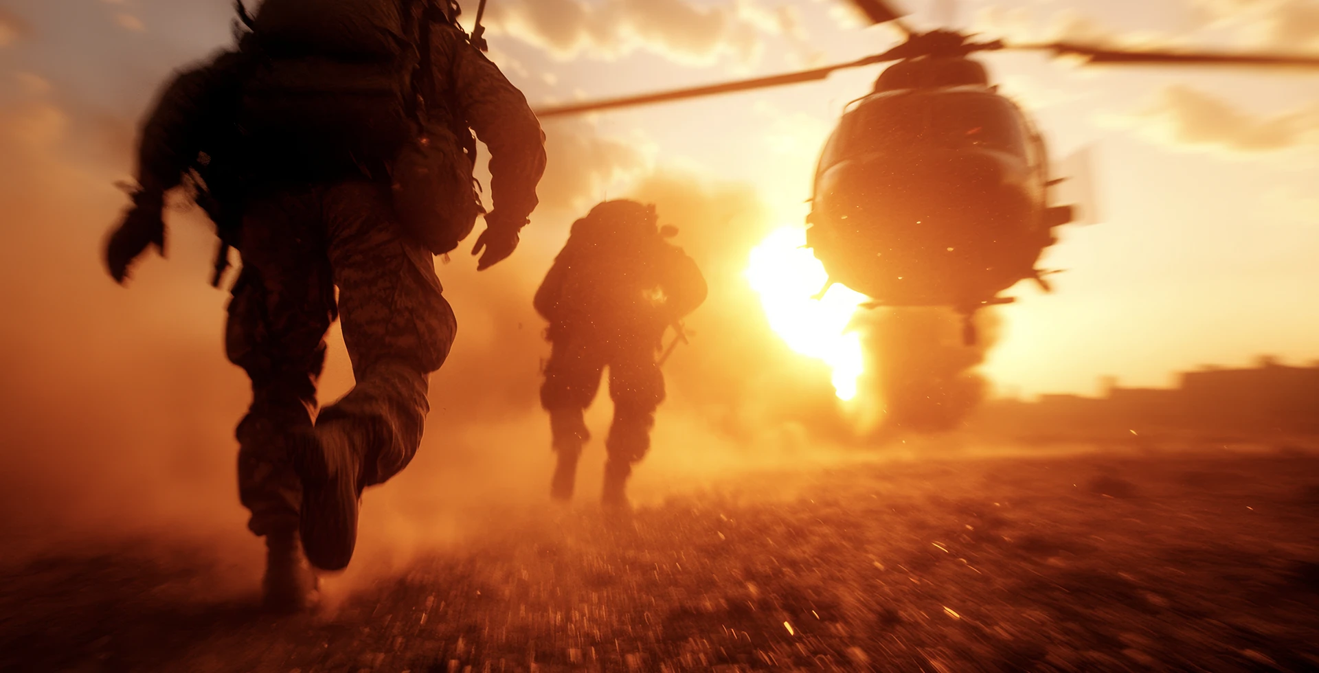 Silhouette of soldiers and a helicopter in front of a sunset.