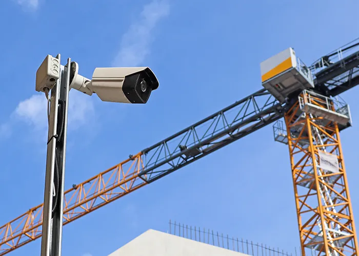 Image of a security camera at the construction site with a tower crane
